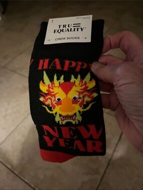 Black Crew Socks with Red & Yellow Dragon 'Happy New Year'